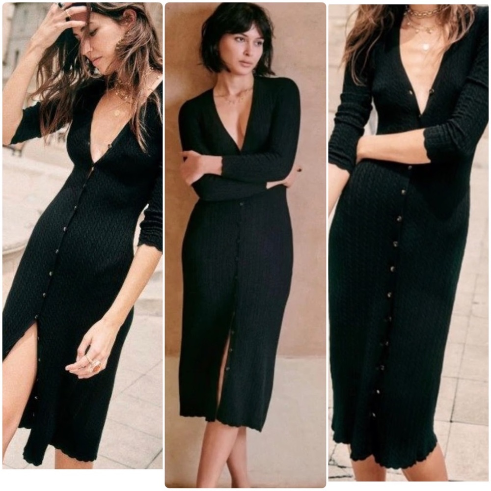 Sezane Charlie Black Cable Knit Midi Cardigan Dress